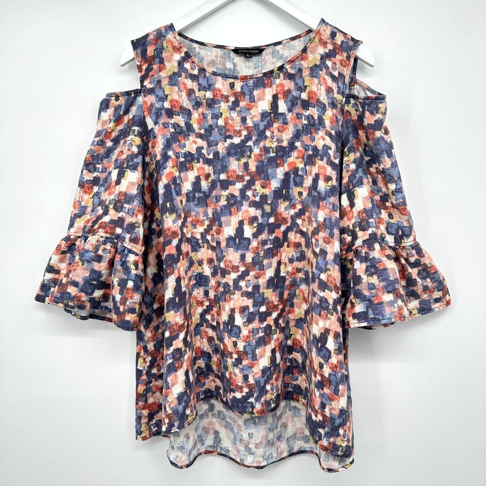 John Mark Tunic Top Shirt Blouse Size Large 100% Linen Cold Shoulder Bell Sleeve